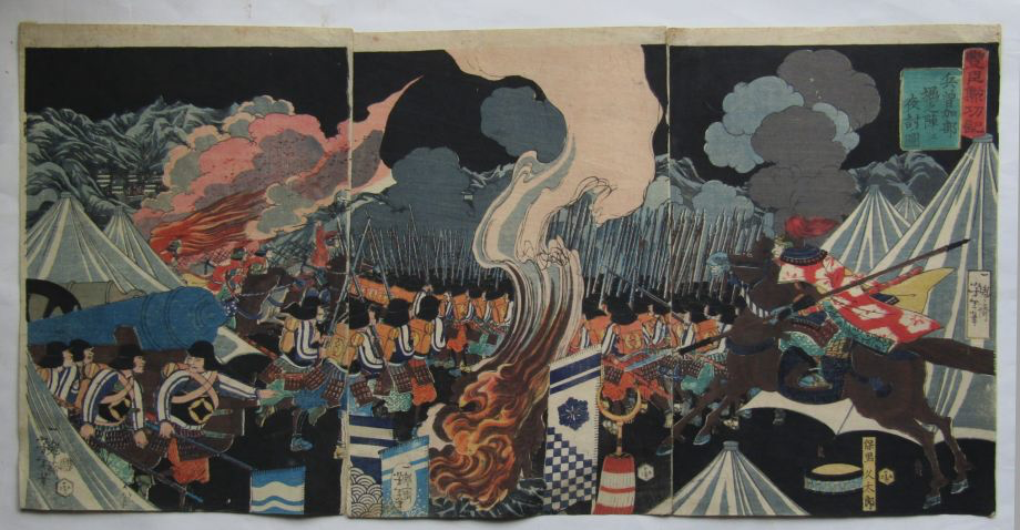2SET TSUKIOKA YOSHITOSHI "The loyal samurai break into the mansion in the night attack" "Toyotomi Chronicles / Hyosokabe Attacks Hori's Encampment at Night"