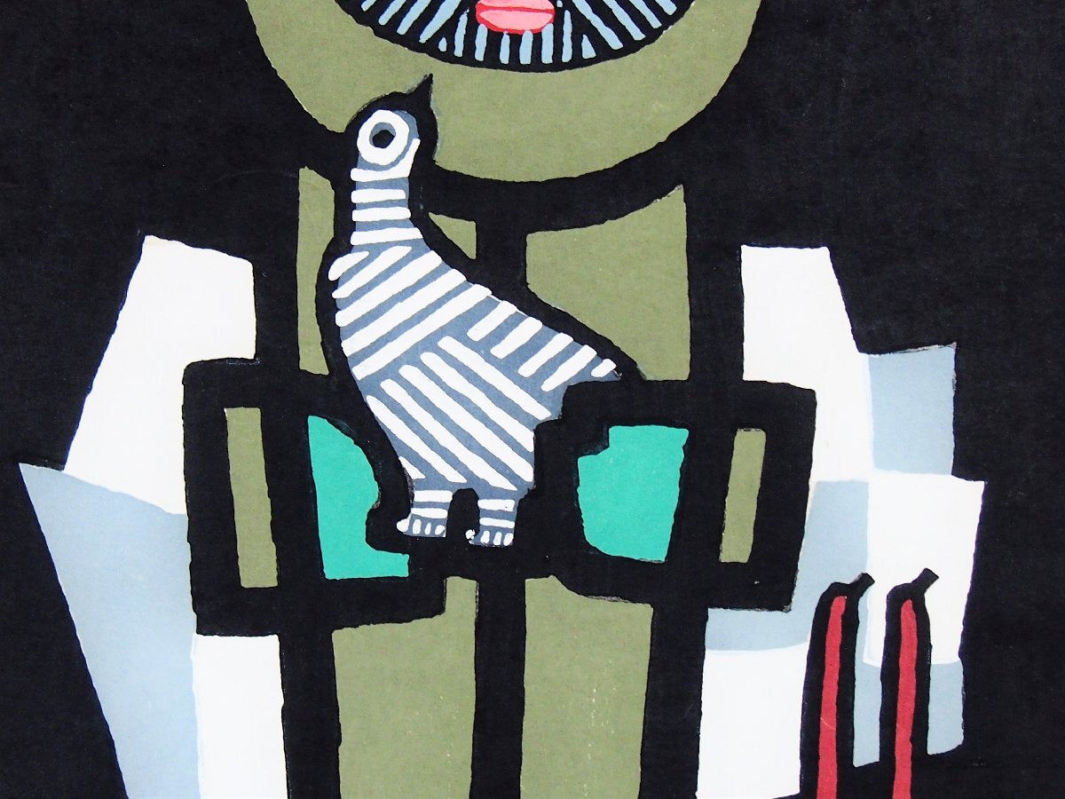 AZECHI UMETARO "A mountain man holds a bird"