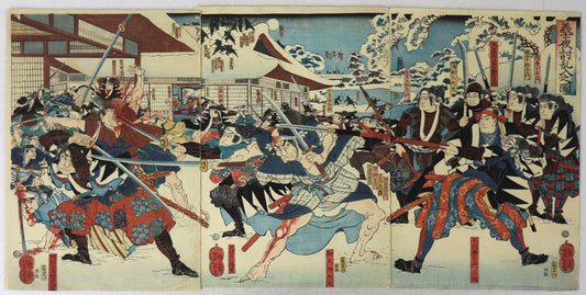 2SET TSUKIOKA YOSHITOSHI "The loyal samurai break into the mansion in the night attack" "Toyotomi Chronicles / Hyosokabe Attacks Hori's Encampment at Night"