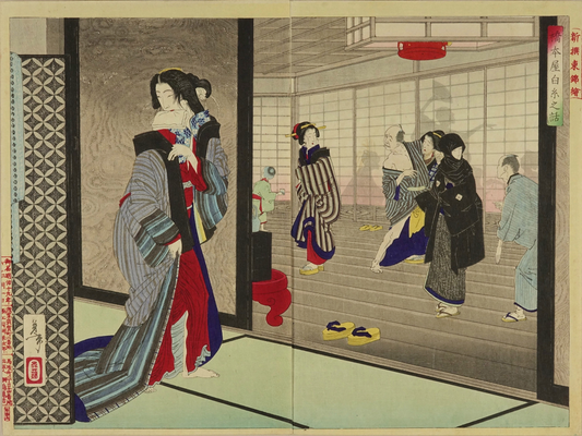 TSUKIOKA YOSHITOSHI "Courtesan Shiraito of Hashimotoya, from Shinsen azuma nishiki-e"
