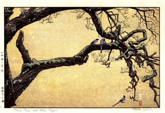 Yoshida Toshi "Plum Tree and Blue Magpi"