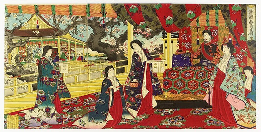 Chikanobu "Japanese brocade, Harunohisu, three pieces in succession (Emperor Meiji)"