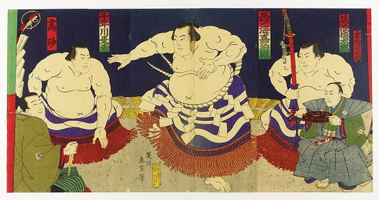 Hishikawa Harunobu "Yokozuna Kajiro Nishinoumi entering the ring, 3 pieces"