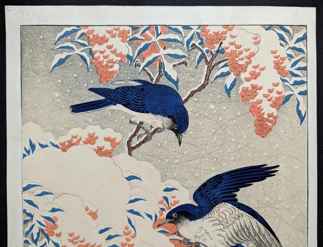 Ohara Koson "Flycatchers on Snow-covered Nandina"