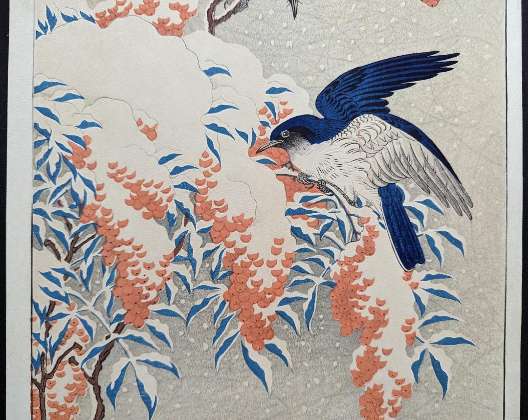 Ohara Koson "Flycatchers on Snow-covered Nandina"