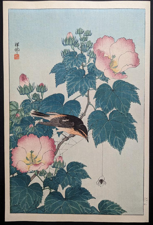 Ohara Koson "Fly-catcher on Rose Mallow Watching"