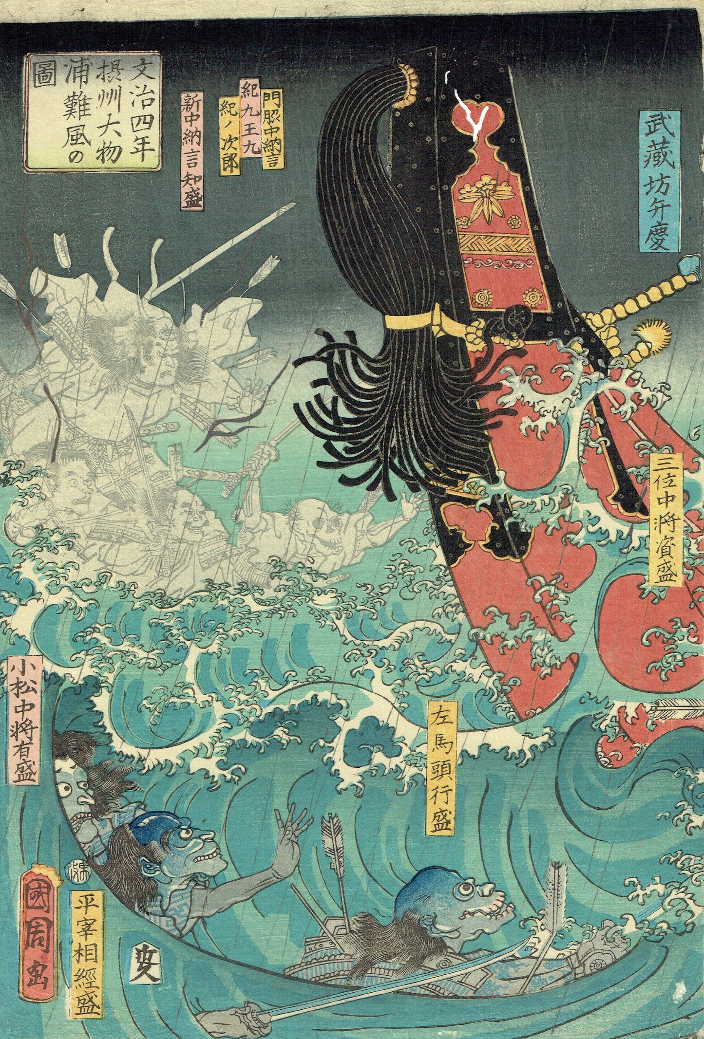 Toyohara Kunichika "A drawing of the stormy winds at Omonoura in Seshu in the 4th year of Bunji"